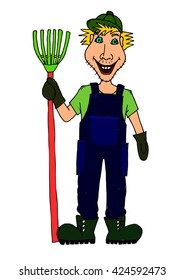 Smiling farmer villager with rake