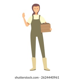 Mulher agricultora sorridente de macacão está colhendo segurando uma caixa de madeira cheia de vegetais orgânicos frescos