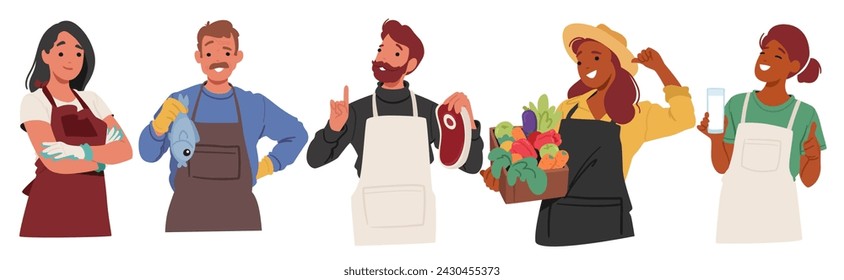 Granjeros Sonrientes Con Producción Agrícola Natural. Personajes masculinos y femeninos con carne fresca de pescado, verduras y leche. Hombres y Mujeres Artesanos Usando Delantales. Ilustración vectorial de personas de dibujos animados