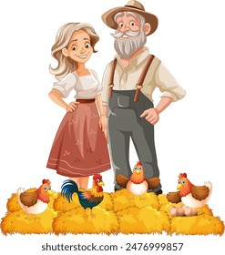 Smiling farmers standing with their chickens