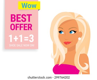 Smiling fashion blonde woman is looking at sale banner. Text outlined