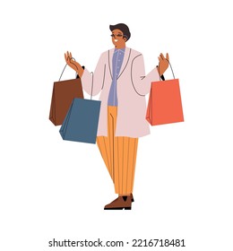 Smiling Fashionable Man With Shopping Bags. Sale Or Fast Fashion, Customers Behavior Theme, Flat Cartoon Vector Illustration Isolated On White Background.