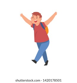 Smiling Fat Boy with Backpack, Cute Overweight Child Character Vector Illustration