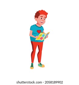 smiling fat boy reading comics in bookstore cartoon vector. smiling fat boy reading comics in bookstore character. isolated flat cartoon illustration