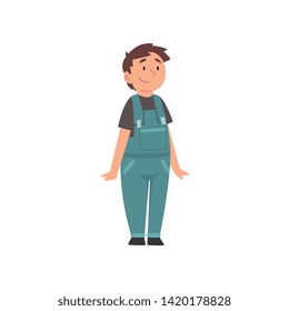 Smiling Fat Boy Wearing Denim Overalls, Cute Overweight Child Character Vector Illustration
