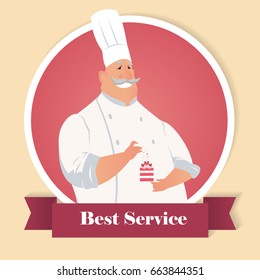 Smiling fat chef cook dressed in uniform holding cupcake isolated. Best service concept. Vector illustration