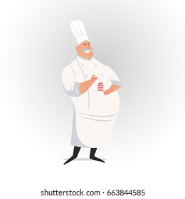 Smiling fat chef cook dressed in uniform holding cupcake isolated. Vector illustration