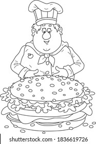 Smiling fat cook in a chef hat, with a freshly grilled, big and tasty hamburger with cheese, a cutlet and greens, black and white outline vector cartoon illustration for a coloring book page