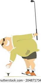 Hombre de golf gordo sonriente en la ilustración del campo de golf. 
Caricatura sonriente gordo cabeza calva con gafas de sol sostiene un club de golf y pone una pelota en el estrado ilustración aislada
