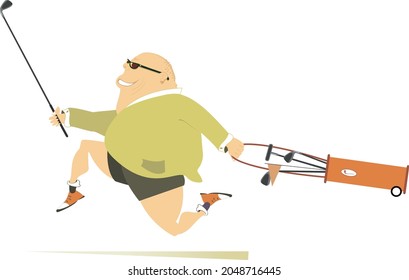 Smiling fat golfer man runs to play golf illustration. 
Cartoon smiling fat bald-headed man in sunglasses with golf bag and golf club runs to the golf course isolated on white
