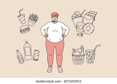 Smiling fat man surrounded by fast junk food and drinks. Happy overweight male suffer from excessive weight. Diet and wellness concept. Bad habits, unhealthy lifestyle. Vector illustration. 