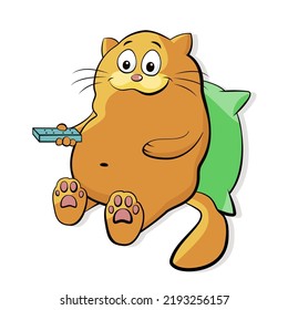 Smiling fat red cat with big belly is watching TV. Cartoon vector illustration of slow life or body positive concept. Kitty funny character relax at home with pleasure