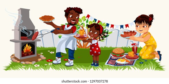 Smiling father in apron putting dishes in cooker