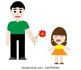 Smiling father bring flower to crying little daugther, cartoon on white background. Vector Illustration