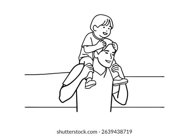 A smiling father carries his son on his shoulders joyfully celebrating together in black and white