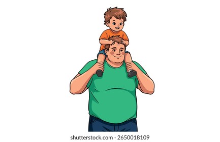Smiling father carries his son on shoulders, both happy in colorful vector illustration.