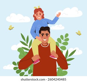 Smiling father carrying daughter on shoulders, cartoon style with green leaves and blue sky background. Concept of family bonding and happiness. Vector illustration
