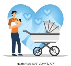 A smiling father cradling his baby with a stroller and loving heart symbols. Flat vector modern illustration 