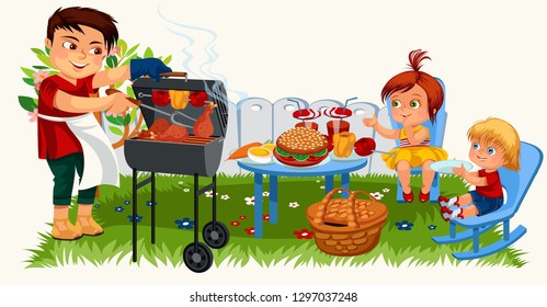 Smiling father grilling chicken for happy children