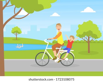 Smiling Father with His Happy Son Riding Bike in City Park, Dad Spending Good Time with His Child Vector Illustration