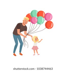Smiling father and his little daughter with bunch of balloons, loving daddy and kid spending time together, dad and his child celebrating Fathers Day vector Illustration