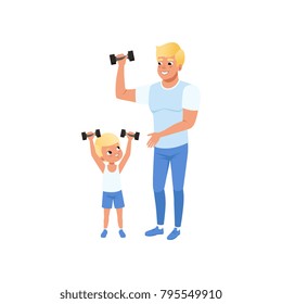 Smiling Father And His Son Exercising With Dumbbells At Gym. Happy Sporty Family. Morning Workout. Dad And Child In Sportswear. Physical Activity. Flat Vector Design