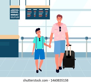 Smiling father holding son and luggage, people standing near scoreboard. Happy man travels with baggage in airport, passenger in terminal, journey vector. Family travel. Flat cartoon