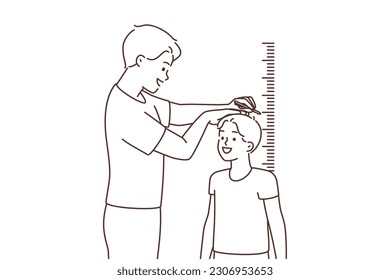 Smiling father measure small son height near wall. Happy dad check little boy child near measurement indoors. Children growing. Vector illustration. 