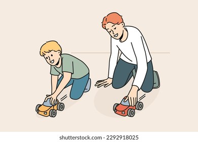 Smiling father playing cars with little son at home. Happy caring dad have fun enjoy game with small boy child. Fatherhood concept. Vector illustration. 