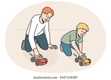 Smiling father playing cars with little son at home. Happy caring dad have fun enjoy game with small boy child. Fatherhood concept. Vector illustration.