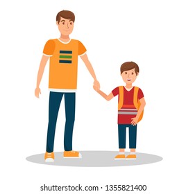 Smiling Father with Son Flat Vector Illustration. Happy Brothers Holding Hands Isolated Cartoon Characters. Young Man and Boy with Backpack. First Day at School. Family Walk, Hiking Design Element