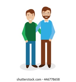 Smiling Father with Son, two brothers isolated on white background. Happy family theme vector illustration