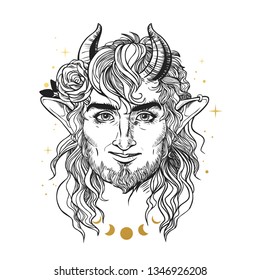 Smiling faun with rose. Vector hand drawn illustration