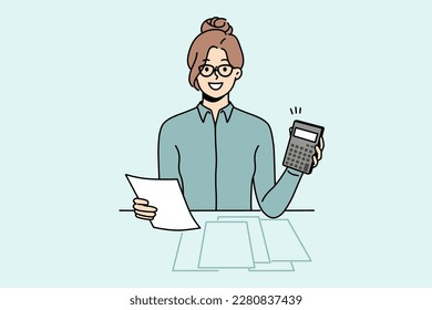 Smiling female accountant sit at desk in office calculating taxes on machine. Happy woman manage budget count expenses on calculator. Vector illustration. 