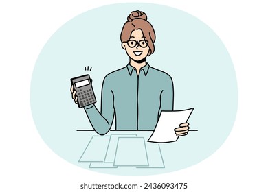 Contadora sonriente sentada en el escritorio en la oficina calculando impuestos en la máquina. Mujer feliz gestiona los gastos de conteo de presupuesto en la calculadora. Ilustración vectorial.