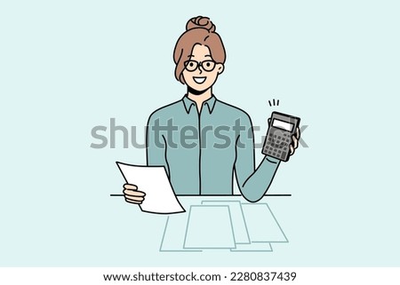 Smiling female accountant sit at desk in office calculating taxes on machine. Happy woman manage budget count expenses on calculator. Vector illustration. 