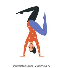 Smiling female acrobat in colorful costume working in circus. Concept of circus characters doing tricks and stunts for children, adults. Positive acrobat doing stunt. Flat cartoon vector illustration