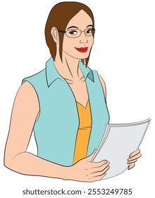 A smiling female anchor holding several pieces of paper. Illustration in colors and vector format.  