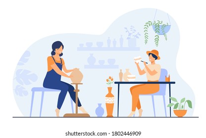 Smiling female artists creating ceramic vase from clay isolated flat vector illustration. Cartoon ceramists making colorful earthenware. Pottery hobby and handcraft concept