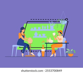 Smiling female artists creating ceramic vase from clay isolated flat vector illustration. Cartoon ceramists making colorful earthenware. Pottery hobby and handcraft concept