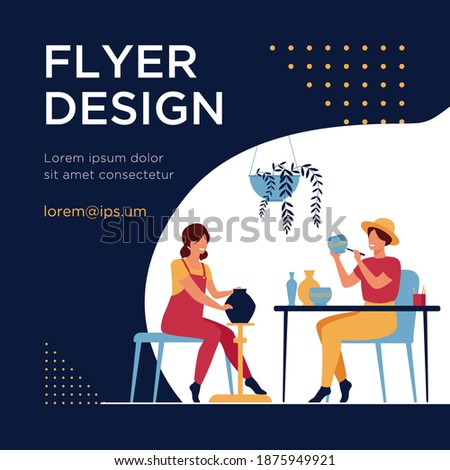 Smiling female artists creating ceramic vase from clay isolated flat vector illustration. Cartoon ceramists making colorful earthenware. Pottery hobby and handcraft concept