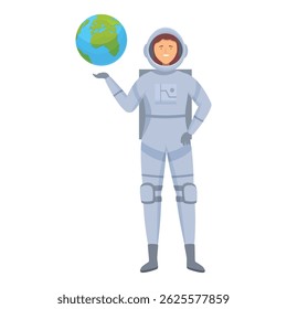 Smiling female astronaut presenting planet earth with open hand palm up