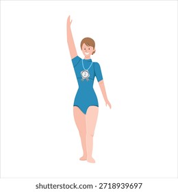 Atleta sonriente celebrando el segundo lugar con medalla de plata, logro deportivo y ganadora de la competencia Ilustración vectorial plana

