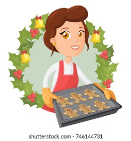 Smiling female baker in kitchen gloves holds a tray with christmas cookies. Christmas wreath with bells on background. Woman baked ginger cookies vector cartoon illustration