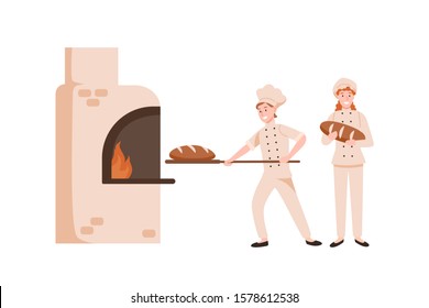 Smiling female bakers baking bread flat vector illustration. Happy bakery workers preparing tasty loaves in oven. Bakehouse staff in uniform cartoon characters. Bakeshop cooking process.