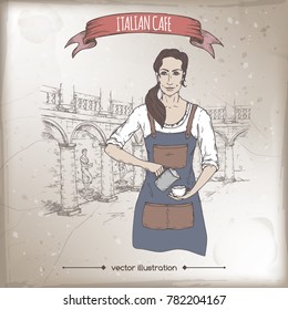 Smiling female barista in italian cafe with coffee cup hand drawn vector color sketch. Great for restaurant, cafe ads, brochures, labels.