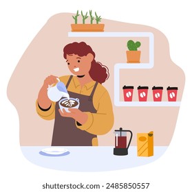 Smiling Female Barista Skillfully Pouring Latte Art In A Warm, Cozy Coffee Shop. Surrounded By Coffee Cups, Plants, And A French Press, Character Creates A Welcoming Atmosphere. Vector Illustration