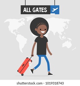 Smiling female black passenger walking by the airport with a hand luggage. Travel illustration. All gates sign. Flight. Flat vector, clip art