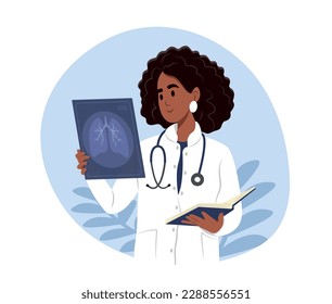 Smiling female black woman doctor holds x-ray of lungs in hand to prevent asthma. World Asthma Day.Bronchial Asthma. Allergy, asthmatic. Inhalation drug. Bronchial asthma.