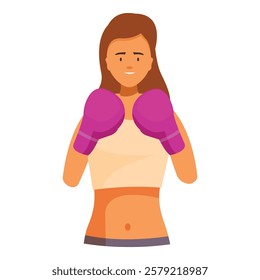 Smiling female boxer is standing, wearing pink boxing gloves, exuding strength and determination